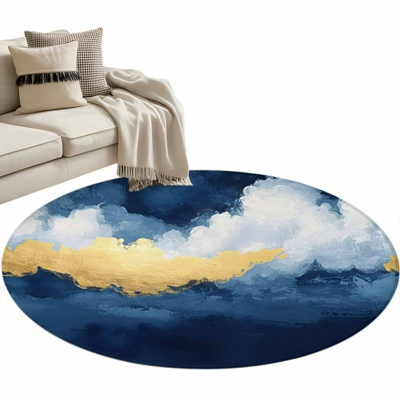 Navy Blue Round Area Rug 3 FT, Small Kitchen Bathroom Mat, Abstract Modern Oil Painting Art Washable Indoor Outdoor Throw Runner Carpet Non-Shedding Doormat for Table Shower Sofa Entryway