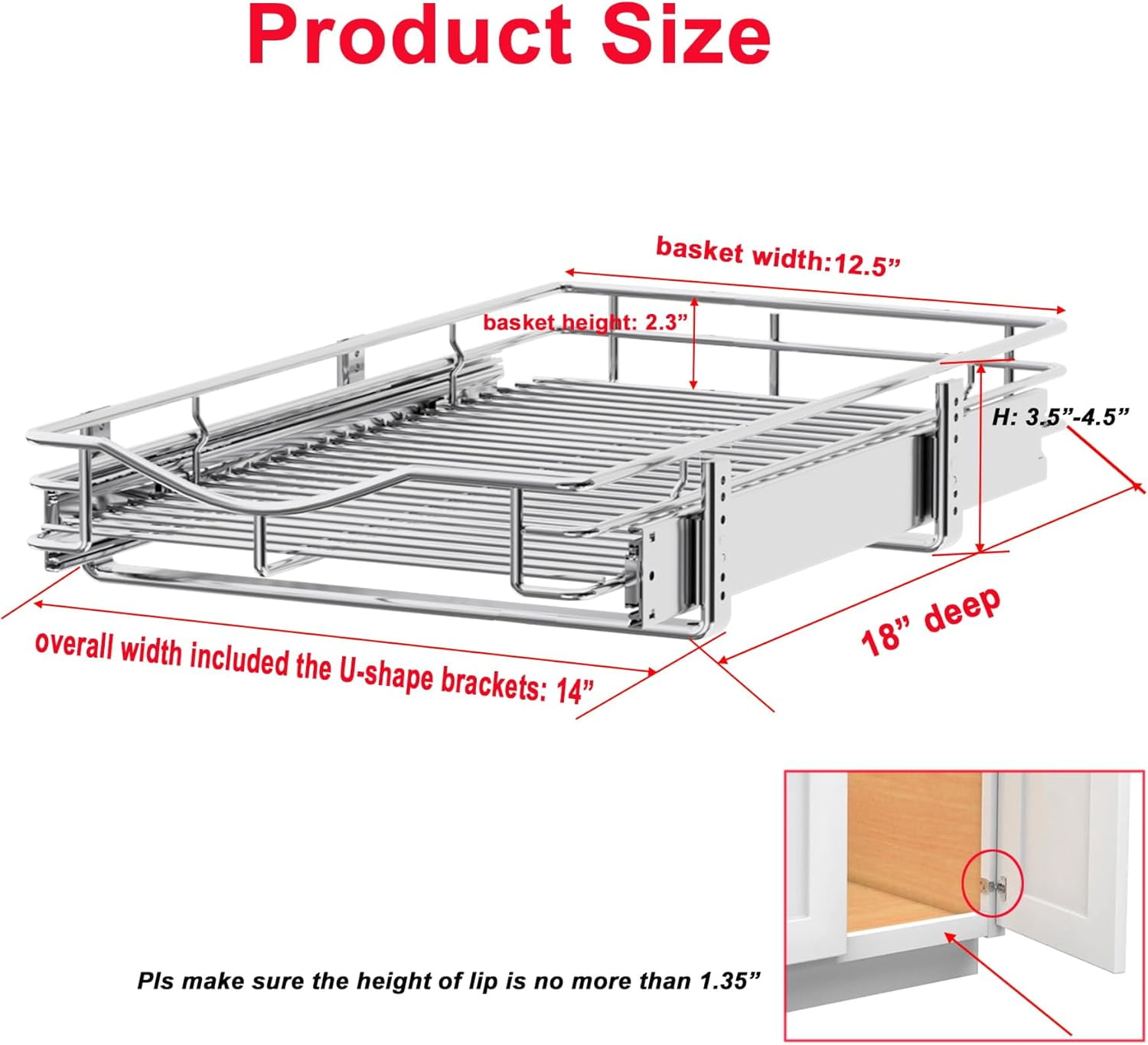 1 Tier Pull Out Cabinet Organizer (14" W x 18" D) Heavy-Duty Metal Sliding Drawer Shelf, Slide Out Wire Basket for Kitchen Cabinets, Pantry, Bathroom, Chrome Finish…