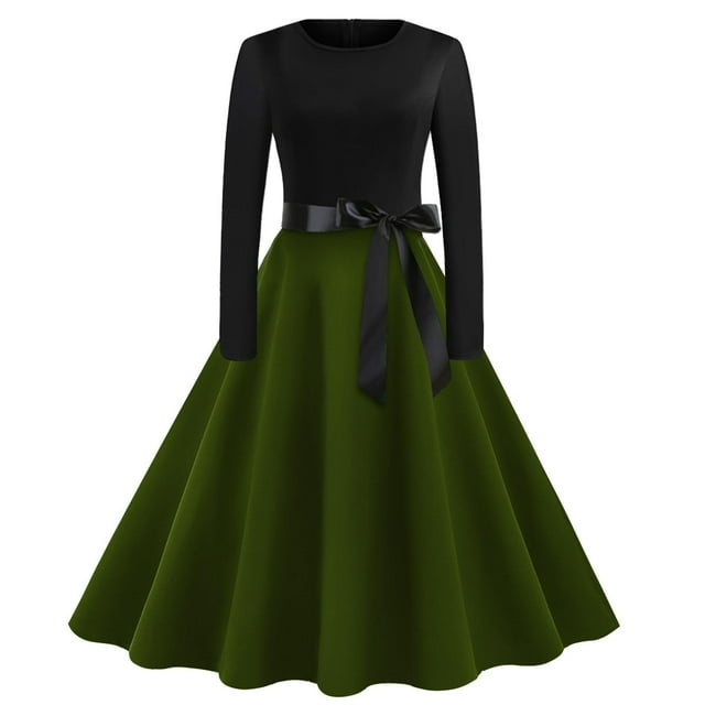 Lenpel Robes Vintage pour Femmes à Manches Longues, Col Ras du Cou, à Blocs de Couleur, Fluides, Ligne A, Robes Formelles, Robes de Cocktail pour Fête (Vert Armée, Petit)