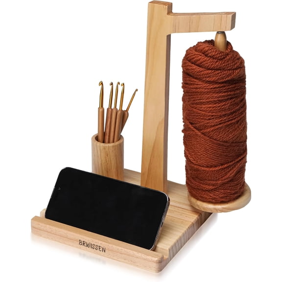 Wooden Yarn Holder for Crocheting and Knitting with Phone Stand, Crochet Hook Storage, and Magnetic Yarn Ball Holder Spinner - Ideal Gift for Crochet Lovers-Burlywood Color