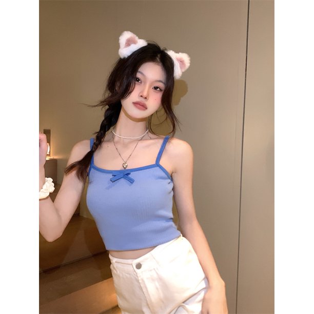VISgogo Mujeres Crop Camisole, Bowknot Ribbed Ribed Sling Low Cut Short Tops, Ladies Summer Slim Navel Tops VISgogo moda