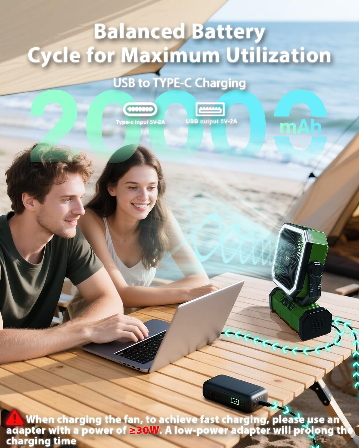 SuperRGB Portable Camping Fan, 20000mAh Rechargeable Battery Operated Fan with Bluetooth Speaker, LED Light & Remote, 4 Speeds, Timer & Hook for Tent, Outdoor, Travel, Green