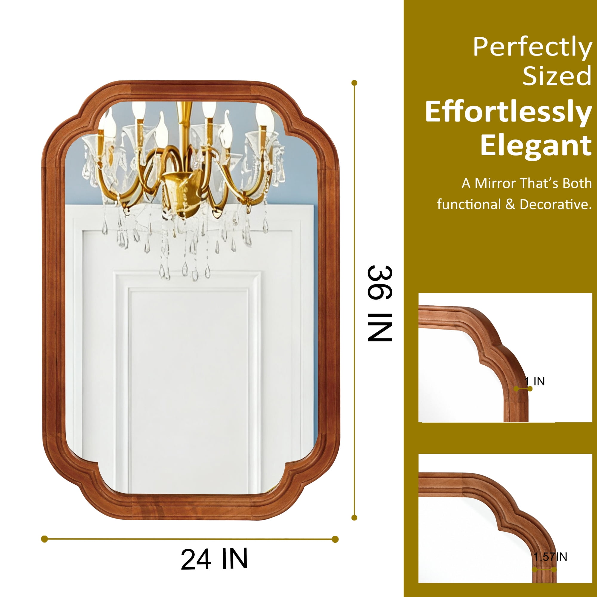 Leumius 24"x 36" Decorative Mirror, Solid Wood Frame Rounded Corner Mirror for Bedroom Bathroom Living Room Entryway Brown