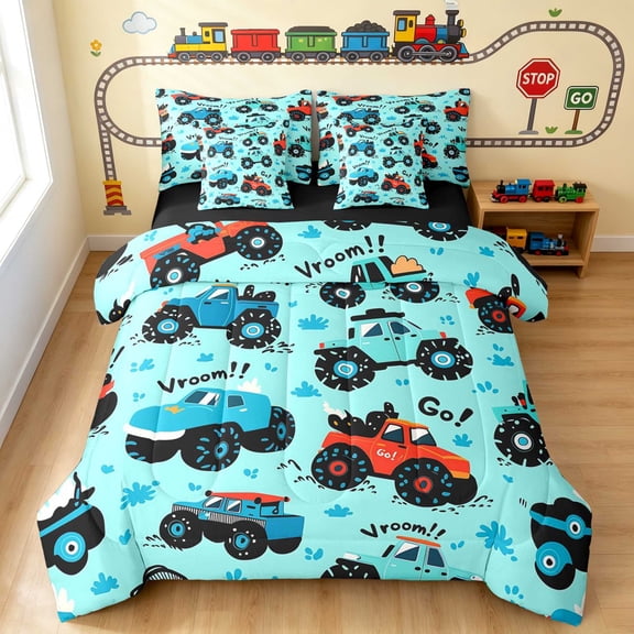 Erosebridal Monster Truck Twin Bedding, Off-Road Bedding Comforter Set, Light Blue, Black Reversible 7pcs