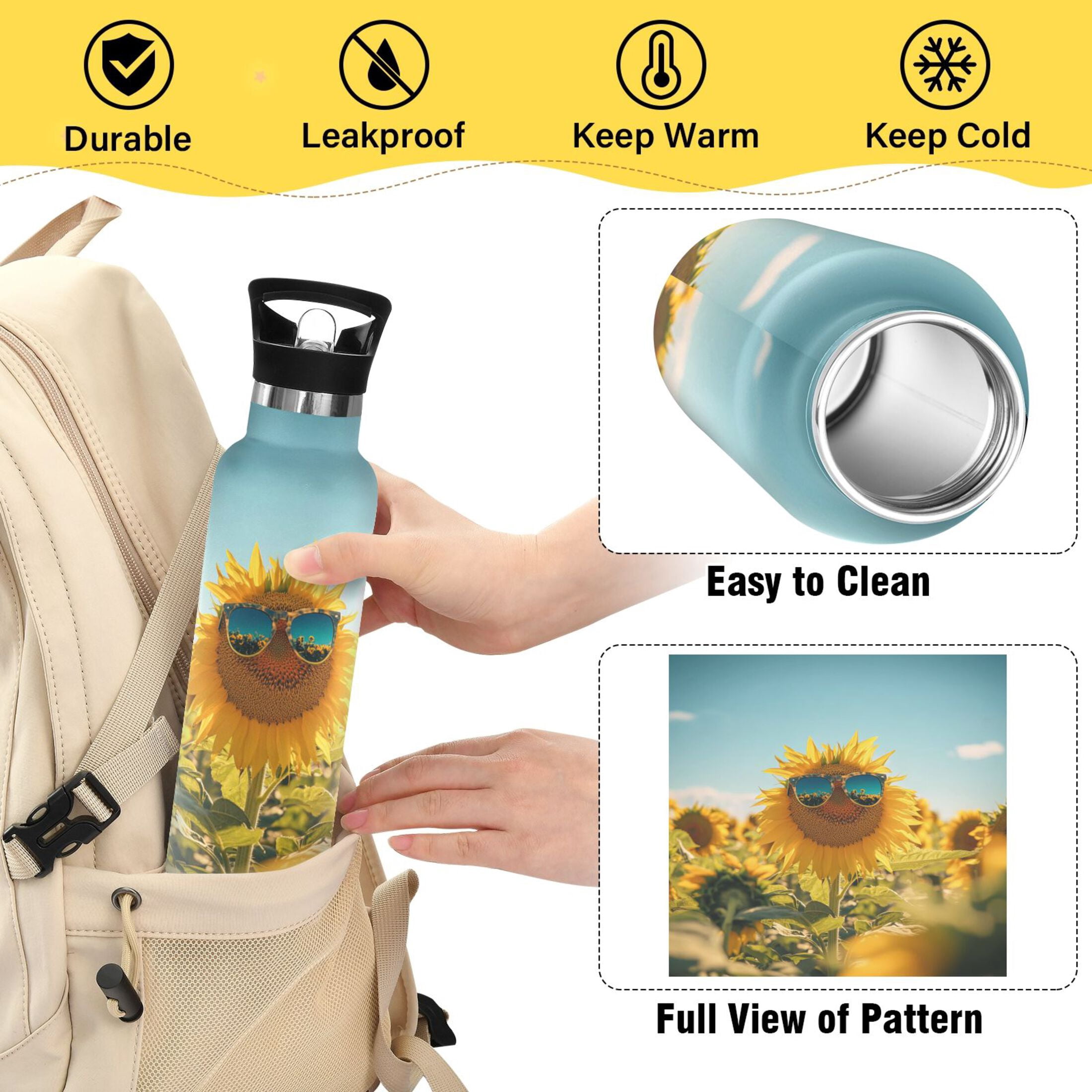 Kids Insulated Stainless Steel Sports Water Bottle 600ml (20oz), BPA-Free Sunflowers Wear Sunglasses