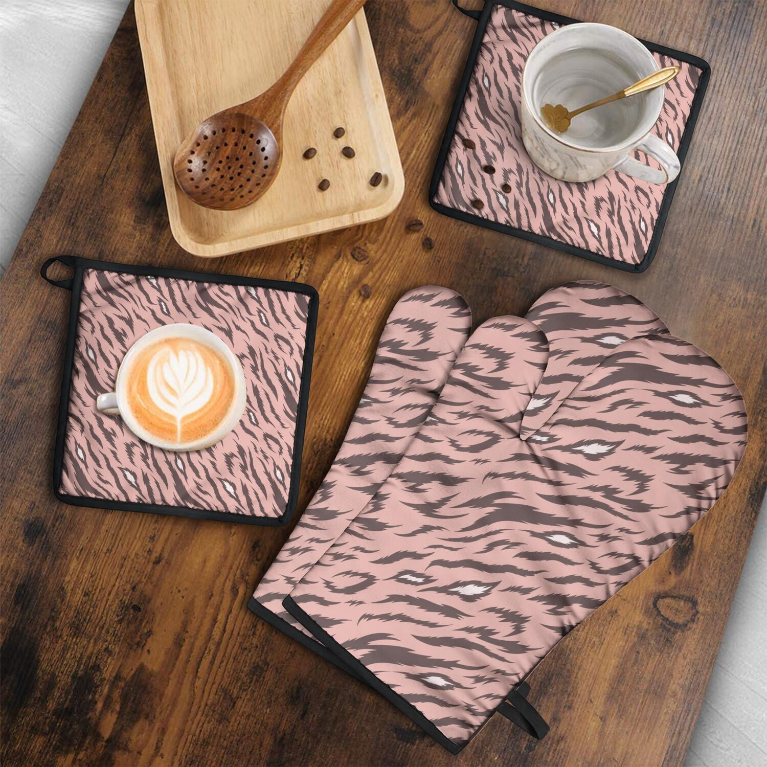 Leopard Print Oven Mitts and Pot Holders Set Of 4, Heat Resistant Kitchen Gloves with Non-Slip Grip, Hanging Loop, Soft Cotton Lining for Baking, Cooking, Grilling, Barbecue