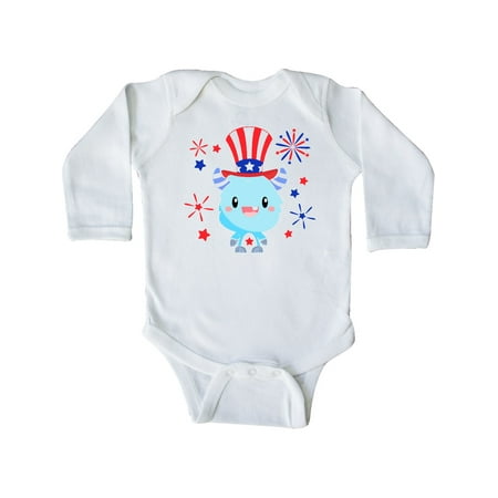 

Inktastic 4th of July Cute Monster with Blue and Red Fireworks Gift Baby Boy or Baby Girl Long Sleeve Bodysuit
