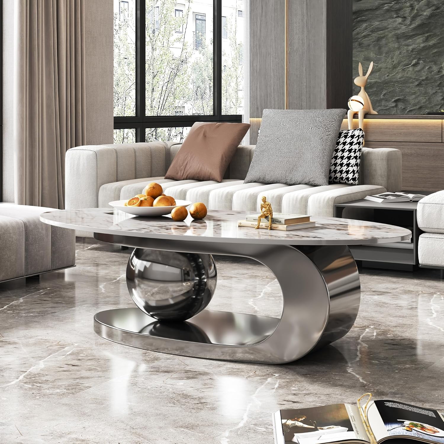 Tabaray Modern Oval Coffee Table Luxury Sintered Stone Top Coffee Table with Sculptural Geometric Stainless Steel Base,Mid-Century Marble Grain Center Table for Living Room,Grey