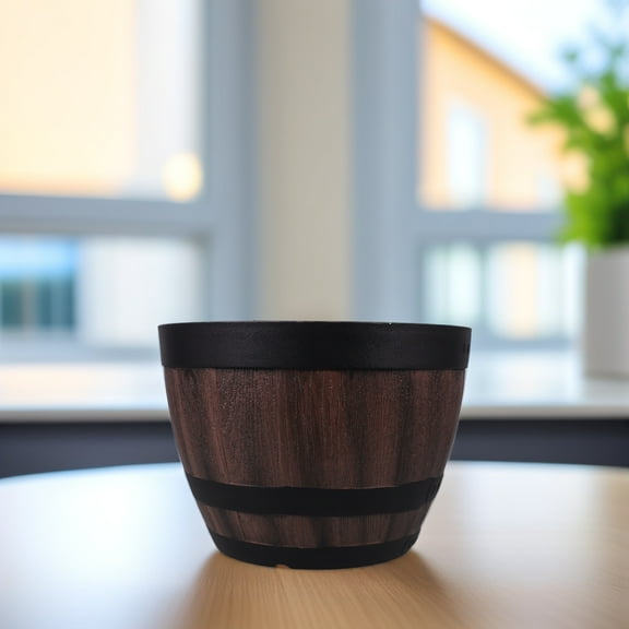 OUNONA Rustic Plant Pot Rustic Whiskey Barrel Shape Planters Flower Pot Brown Plastic Pail Bucket Yard Patio Flowerpot Outdoor Decorations