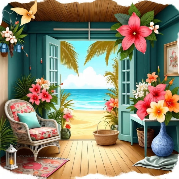 Diamond Embroidery Door Landscape Painting Seaside Acrylic Craft Supplies Diamond Mosaic Flower Vase Handmade Gift30*30cm, frame not included.,Multicolor