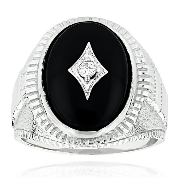 Black Oval Natural Onyx And Real 0.1 Ctw Diamond 14K Mens Ring For Him (White Gold Size 7.5)