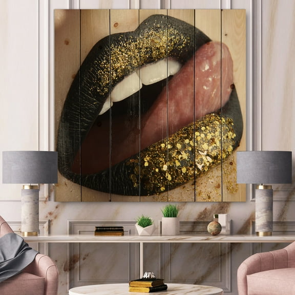 Designart 'Woman Lips Black Lipstick and Gold Sequins' Modern Print on Natural Pine Wood