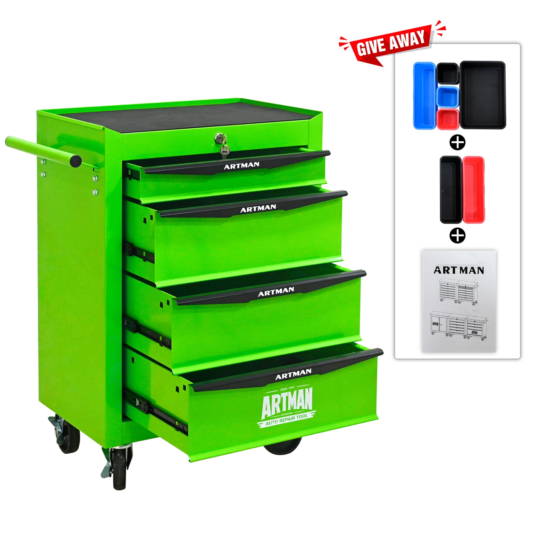Noble House 4-Drawer Mobile Steel Tool Organizer with Key Lock, Ball Bearing Slide Storage Cabinet Box, Green