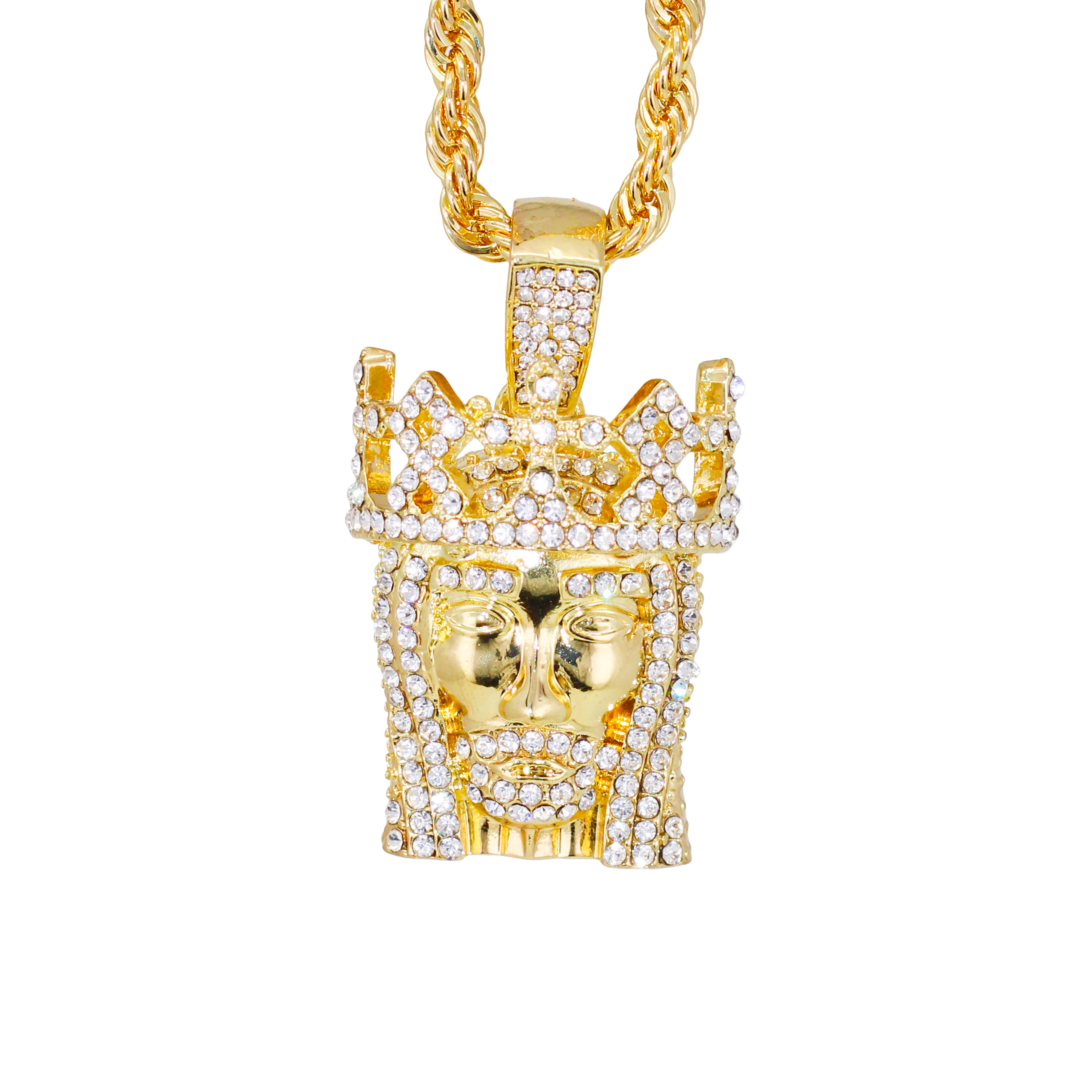 14k Gold Plated Custom Iced Out  3D Crown Jesus  Hip Hop Pendant 24" Rope Chain