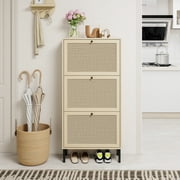 Hassch Rattan Shoe Cabinet for Entryway, Hidden Shoes Storage Cabinet, Boho Narrow Shoe Organizer with 3 Flip Drawers, Freestanding Wood Shoe Cabinet with Metal Legs for Foyer, Hallway (Natural)