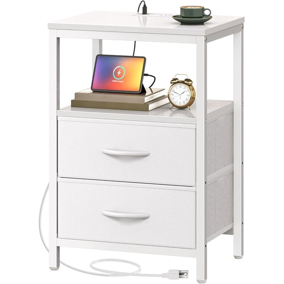 Nightstand with charging station, side table with 2 fabric drawers, with open shelves, white