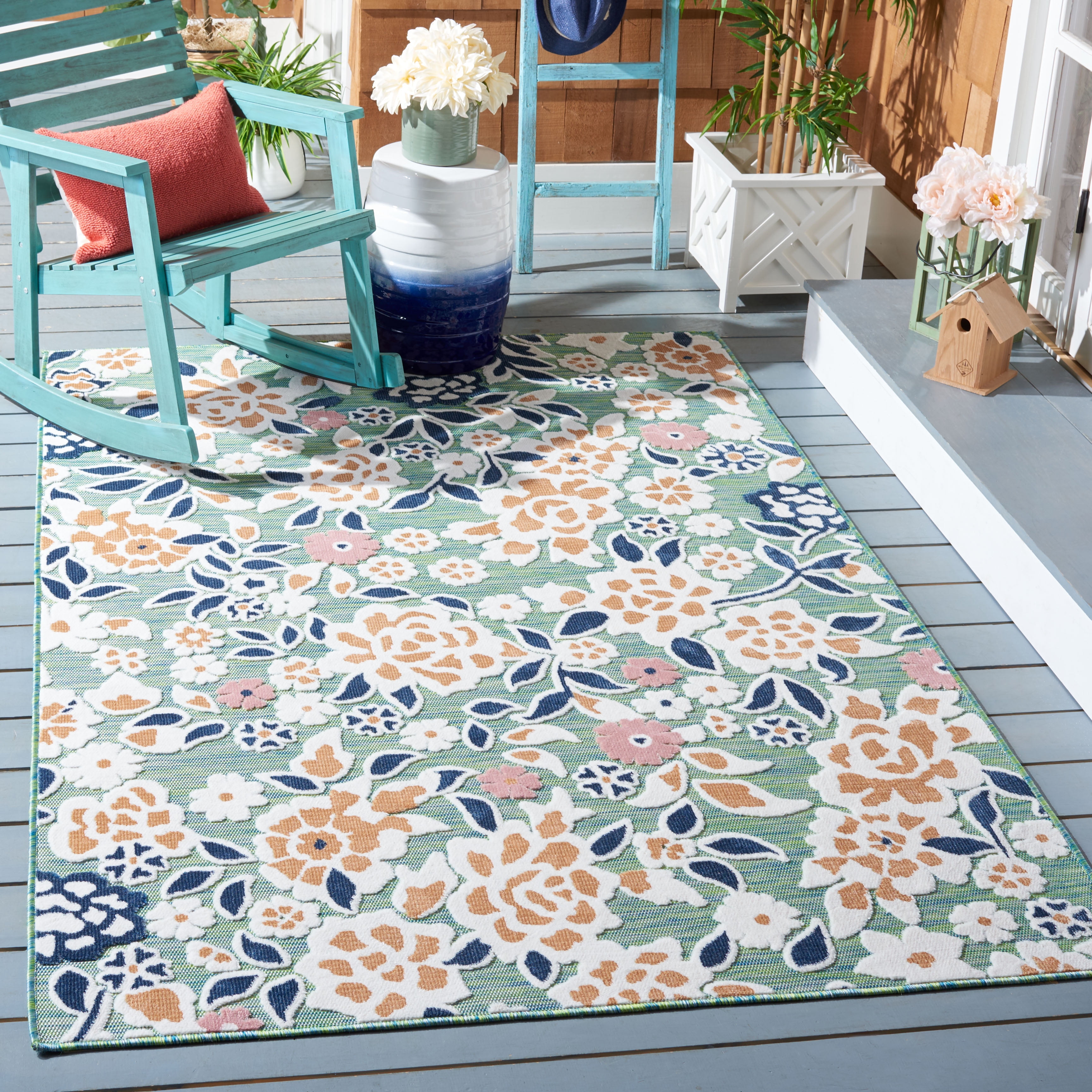 SAFAVIEH Cabana Tobias Floral Indoor/Outdoor Area Rug, Green/Navy, 5'1" x 7'6"