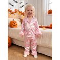 thumbnail image 4 of RUINIXCW Toddler Baby Girl Halloween Silk Stain Pajamas Set Kids Fall Winter PJS Set Sleepwear Ghost Bow Print Fuzzy Cuffs Long Sleeve Button Down Shirt and Pants Set Loungewear Homewear 1-7Years, 4 of 9