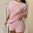 thumbnail image 2 of Morttic Women's Summer Casual Waffle Knit Stripe 2 Piece Set – Crew Neck Short Sleeve Top & High Waist Shorts Lounge Outfit Pink，XL, 2 of 6