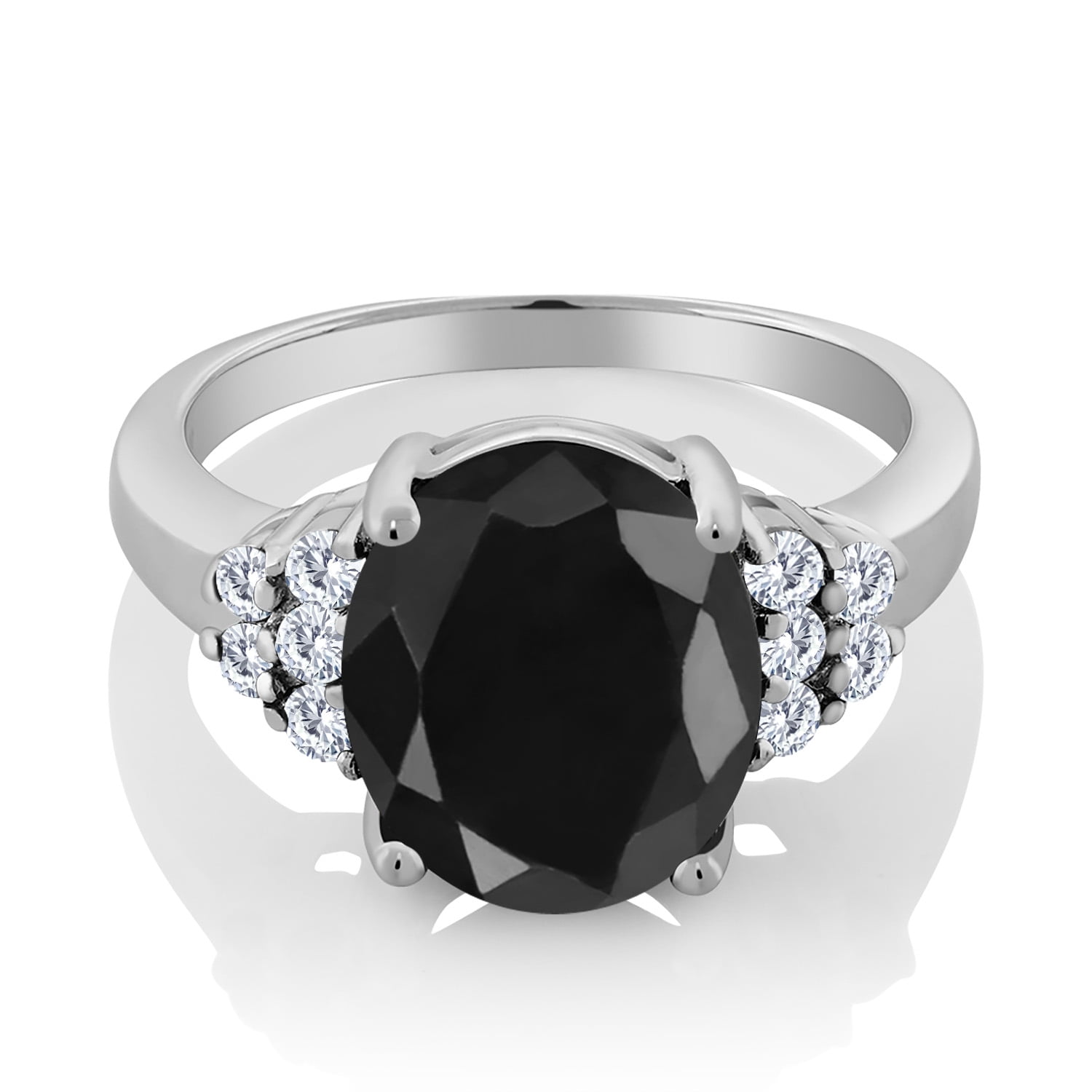Gem Stone King 6.38 Cttw Black Sapphire and White Moissanite Engagement Ring for Women | 925 Sterling Silver | Gemstone Birthstone | Oval 12X10MM (Size 8)