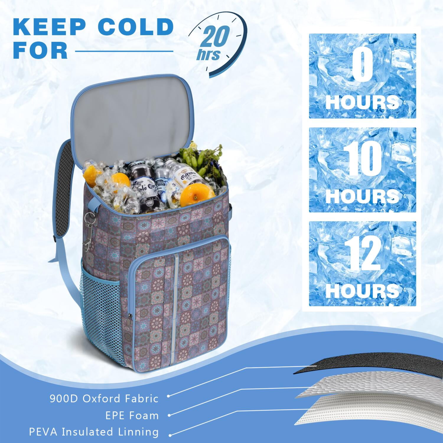 Travel Cooler Bag - Boho Bohemia Flower Camping Beer Cooler Backpack with Bottle Opener- Waterproof Insulated Picnic Backpacks - Cooler Bag for Beach