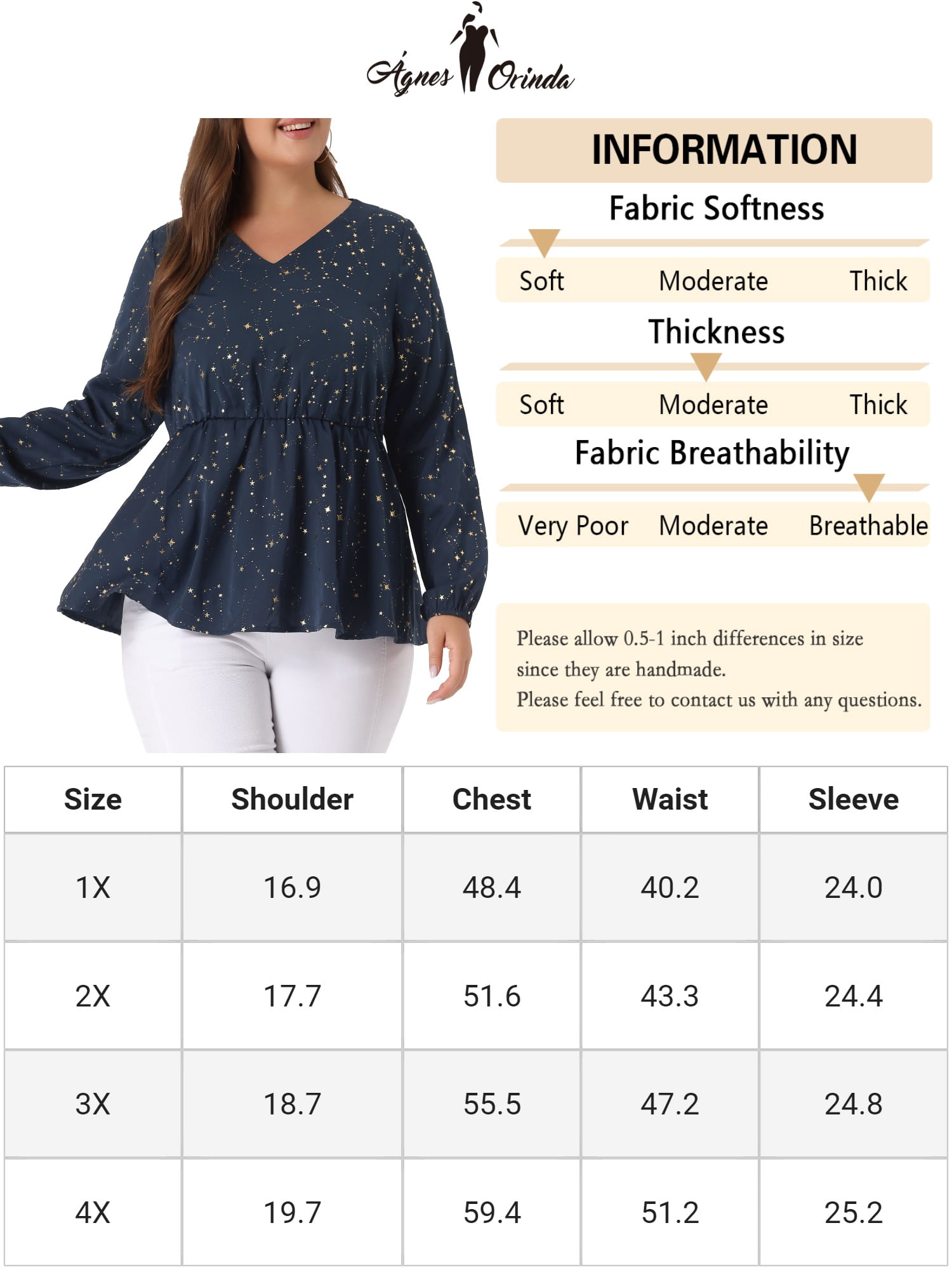 DARING DIVA Women's Plus V Neck Peplum Top Ruffled Elastic Waist Blouse 3X Navy Blue