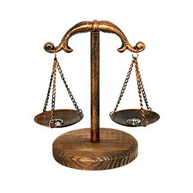 Owlgift Vintage Style Metal Libra Jewelry Display Tray w/Wooden Base Cosmetic Organizer Storage, Lawyer Scale of Justice, Farmhouse Candleholder, Home