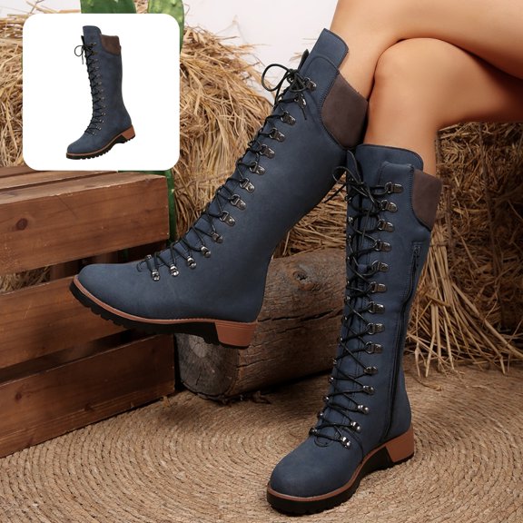 Willtoo Womens Knee‑High Boots Round Toe Lace‑Up Side Zipper Tall Booties Casual Wedge Heel Fashion Shoes for Winter Daily Wear