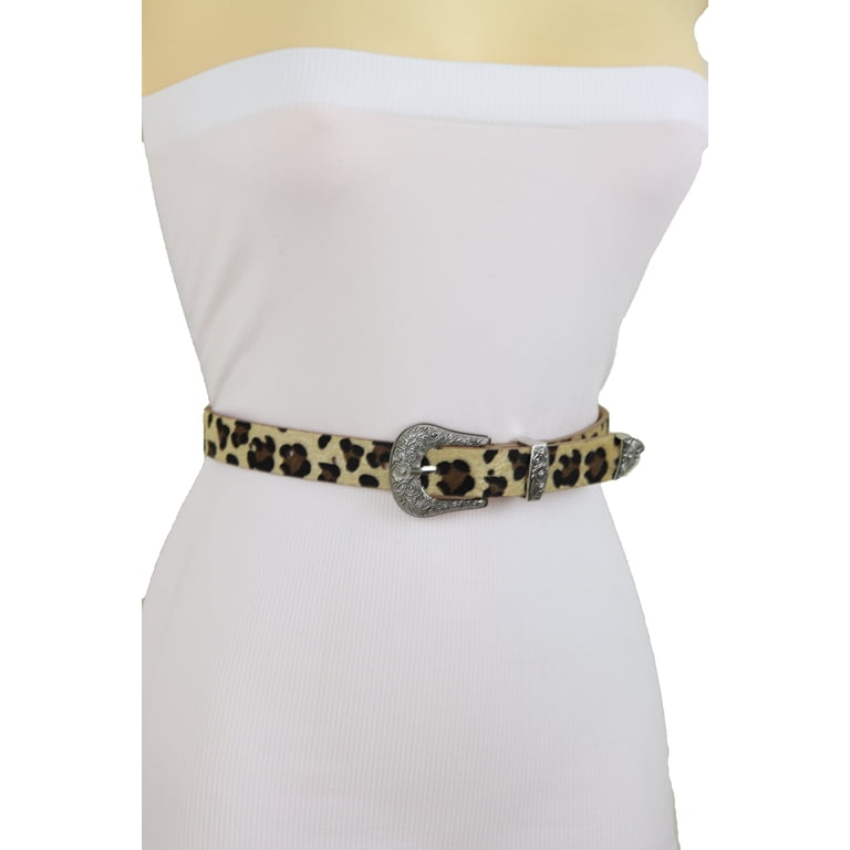 Women Leopard Faux Leather Skinny Belt Silver Western Buckle  display picture 2