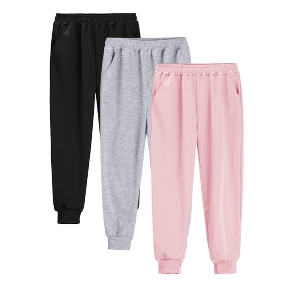 GiLiling 3-Pack Girls Sweatpants, High Waisted Drawstring Active Joggers, Soft Athletic Pants with Pockets for Kids Winter (Pink, 5-6 Years)