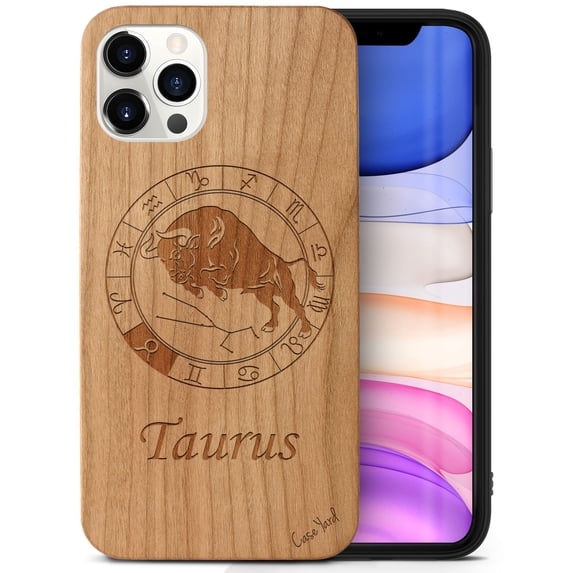 Case Yard Wooden Case Outside Soft TPU Silicone, Slim Fit Shockproof Wood Protective Phone Cover for Girls Boys Men and Women, Supports Wireless Charging Taurus Sign Design case for iPhone-11-Pro-Max