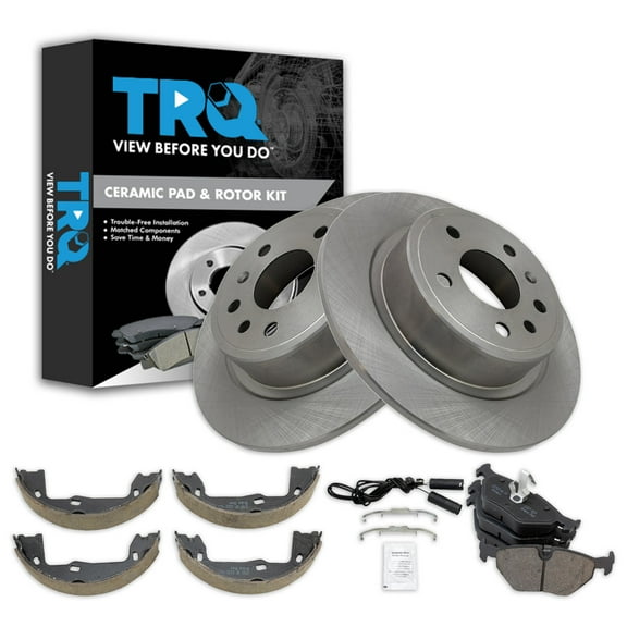 TRQ Rear Brake Pad & Rotor Kit Brake Pads Brake Rotor Parking Brake Shoe Set Ceramic Fits Select 1999-2009 Saab 9-5