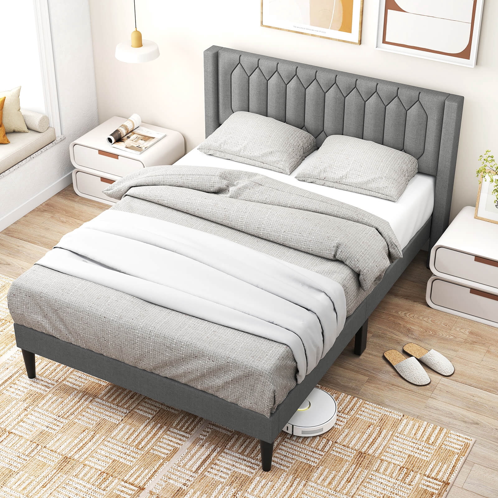 Infans Queen Size Bed Frame Linen Fabric Upholstered Platform Bed w/Wingback Headboard