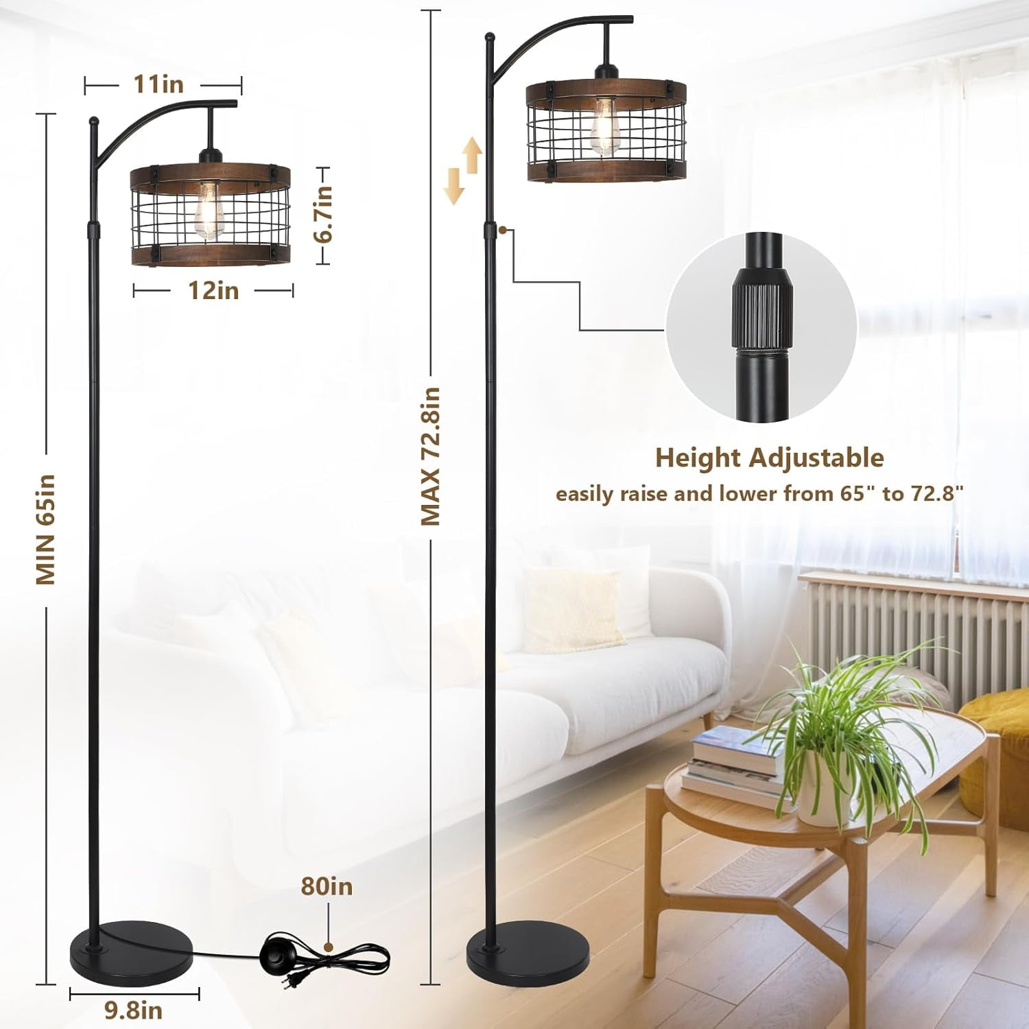 Newest 73” Rustic Farmhouse Arc Floor Lamp with Remote, 3-Color Dimmable LED & Wood/Metal Shade for Living Room