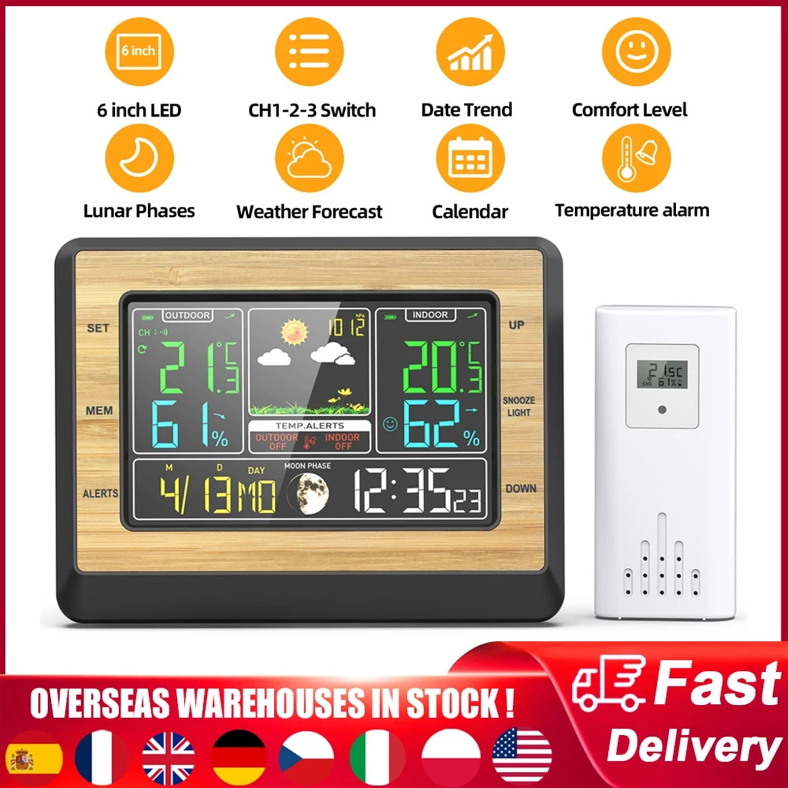 Smart Weather Station Temperature Humidity Meter Air Pressure Moon Phase Display Weather Forecast Alarm Clock Hygrothermograph ,Excellent Visual Experience