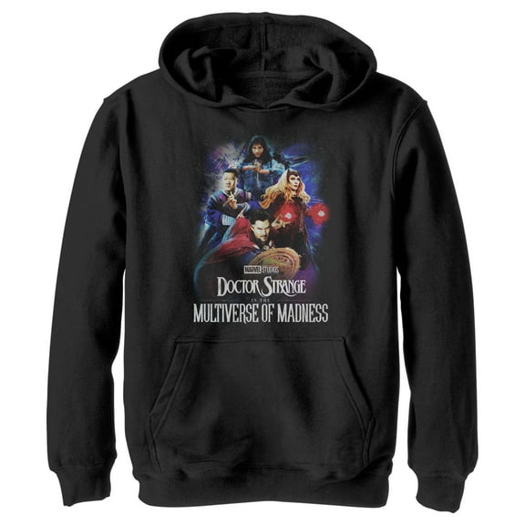 Boy's Marvel Doctor Strange in the Multiverse of Madness Distressed Group Shot Pull Over Hoodie Black Large
