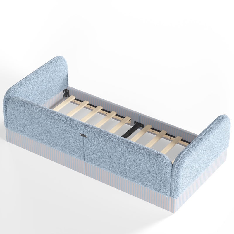 Twin Size Upholstered Floor Daybed Frame for Kids, Half-Enclosed Montessori Platform Bed with 3-Sided Surrounding Guardrails