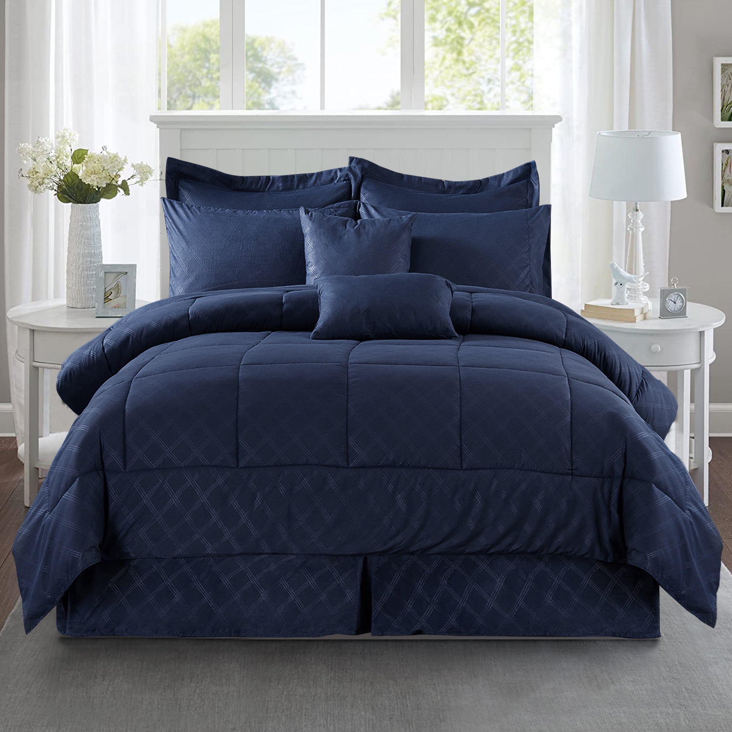 Navy Blue White Red Damask 10pc Comforter Sheet Set Twin Full Queen King Bed Bag 