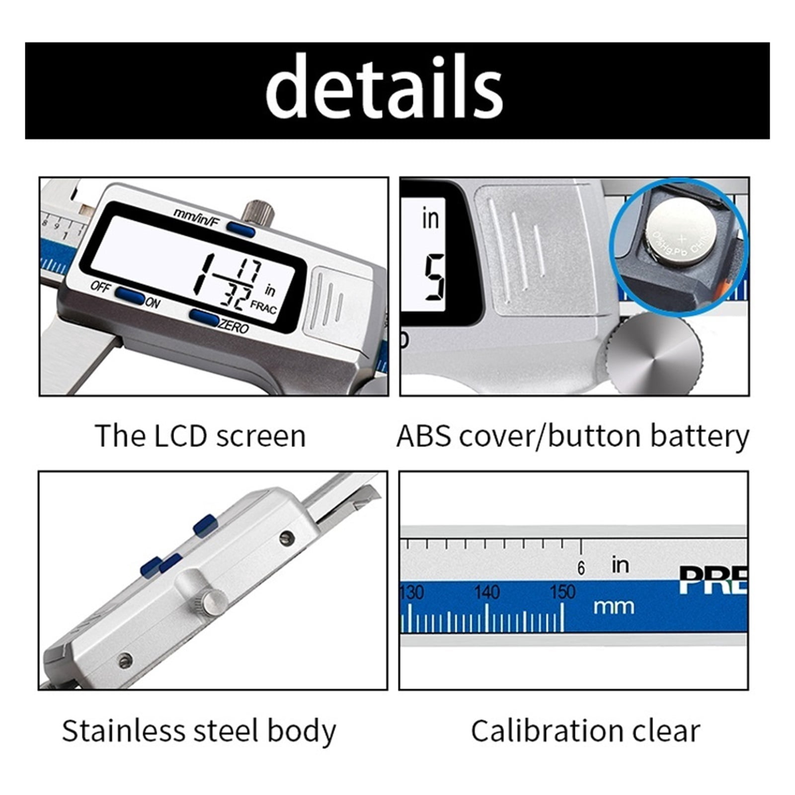 ET52 150mm 6-Inch Digital Caliper 0.01mm High-Precision Stainless Steel Caliper Electronic Vernier Fraction/mm/Inch Display