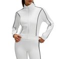 thumbnail image 4 of Women's Zip Up Cropped Jacket Long Sleeve Stand Collar Striped Trim Casual Track Jacket Elastic Cuffs Short Athletic Outerwear White,XXL, 4 of 7