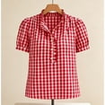 thumbnail image 4 of Qgtaibl Women's Puff Short Sleeve Plaid T-Shirts Ruffle V Neck Buttons Shirts Summer Casual Vacation Tee Tops Red S, 4 of 4