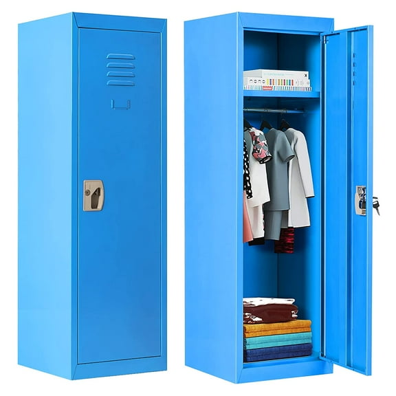 48" Kids Locker Cabinet, Daycare Metal Coat Locker w/Hanging Rod & Shelf for Kids Room Bedroom School Classroom, 2-Tier Storage Locker w/ 2 Keys for Toys, Clothes, Sports Gear, Blue