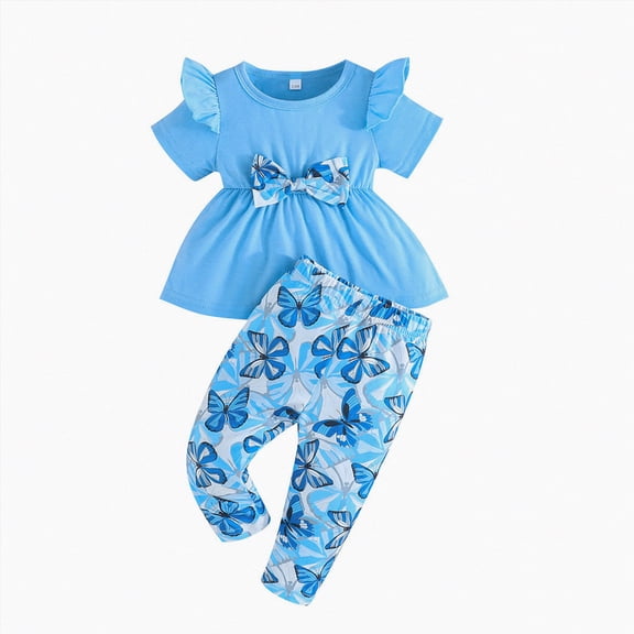 Ccpelsie Toddler Girls Summer Outfits Set 2 Piece Sleeveless Ruffle Top and Shorts with Pockets(Blue,6-9 Months)
