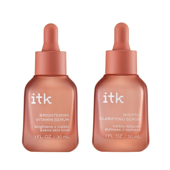 ITK Skincare 2-Part Face Serum Set for Brightening Skin, Correcting Dark Spots + Reducing Fine Lines - Vitamin C AM Face Serum with Light Niacinamide + Clarifying Peptides PM Fa