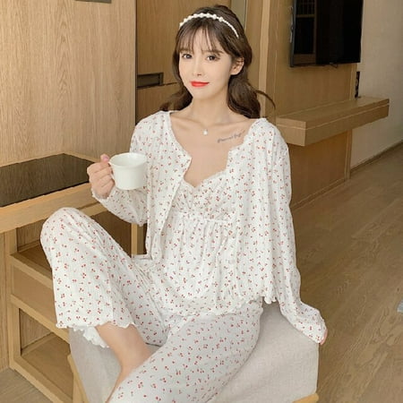 

DanceeMangoo Spring Autumn 3 Pieces Set Cotton Pijamas Women Sleepwear Set Long Sleeve Top Elastic Waist Pants Lounge Home Clothes for Girl