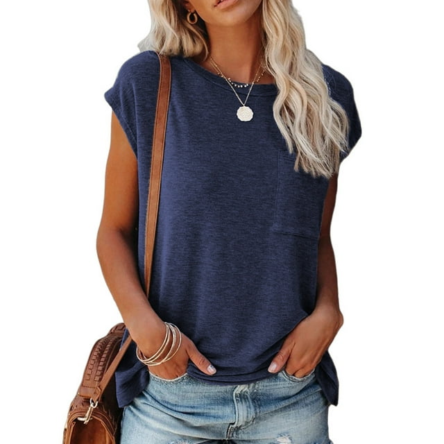 Fashnice Hauts d'Été pour Femmes T-Shirts à Manches Courtes Col Rond T-shirt Ample Quotidien Chandail Bleu Marine 2TG