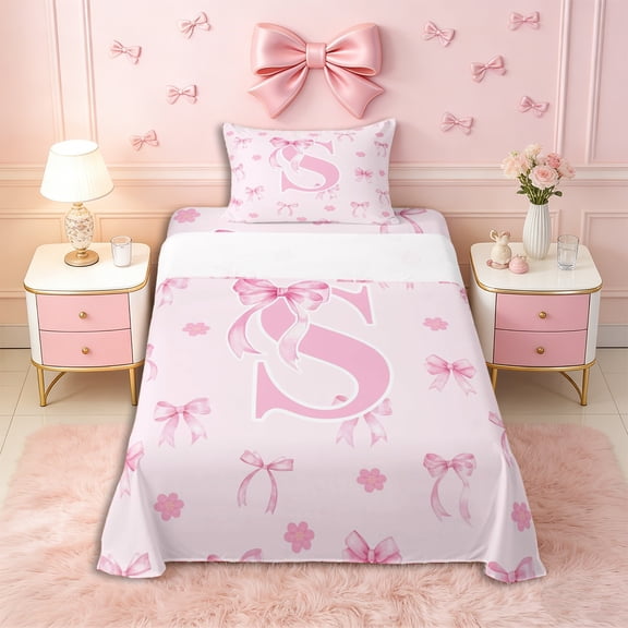 Erosebridal Letter Monogrammed S Pink Bow Twin Sheet Sets 3pcs,Floral Cherry Blossoms Bedding,Breathable Home Decor