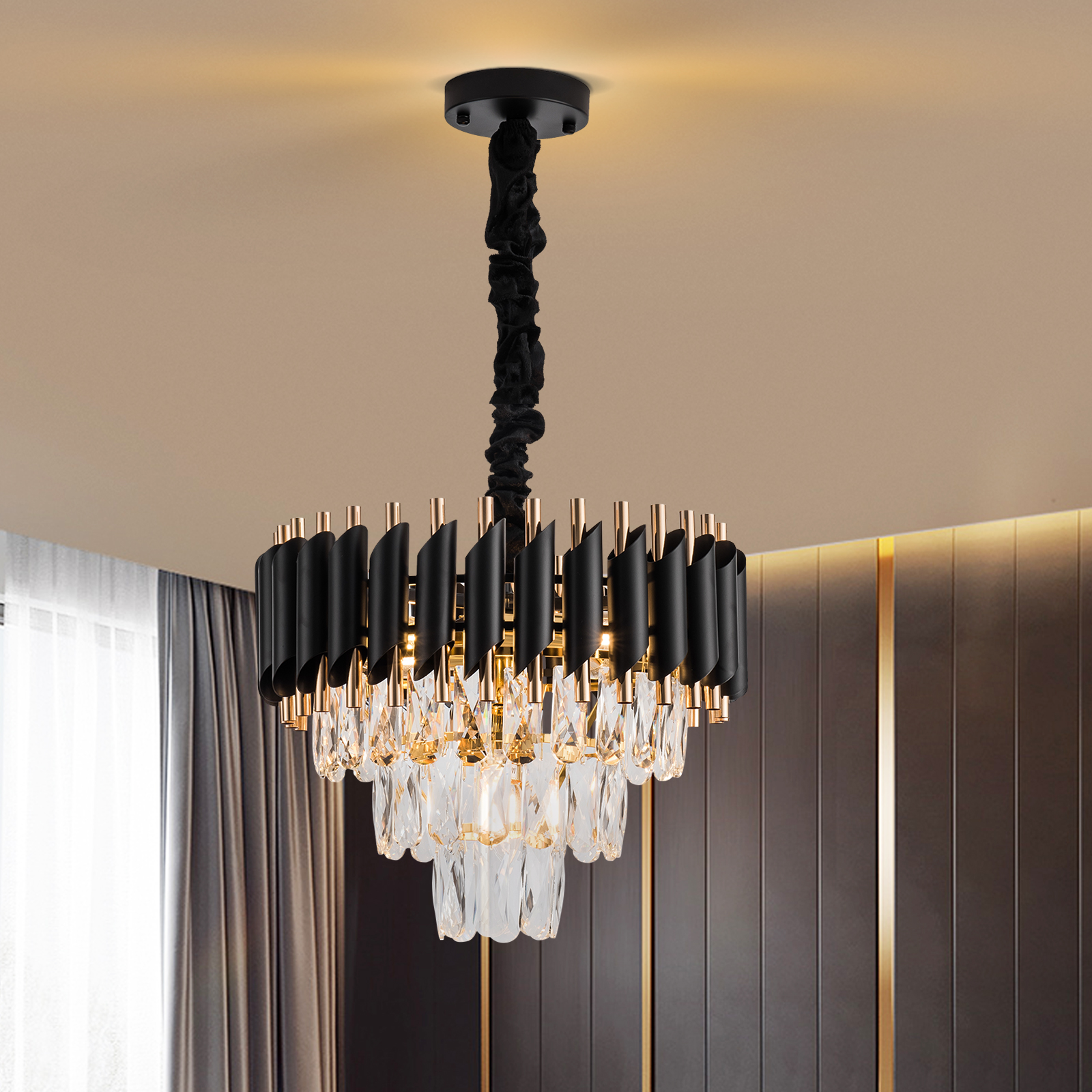 Wozzio Luxurious Crystal Chandelier, 3 -Tier 5-Light Contemporary Empire Style Crystal Chandelier, Crystal Ceiling Pendant Light Fixture For Entryway Foyer Stairwell Living Room, Bulbs Not Included