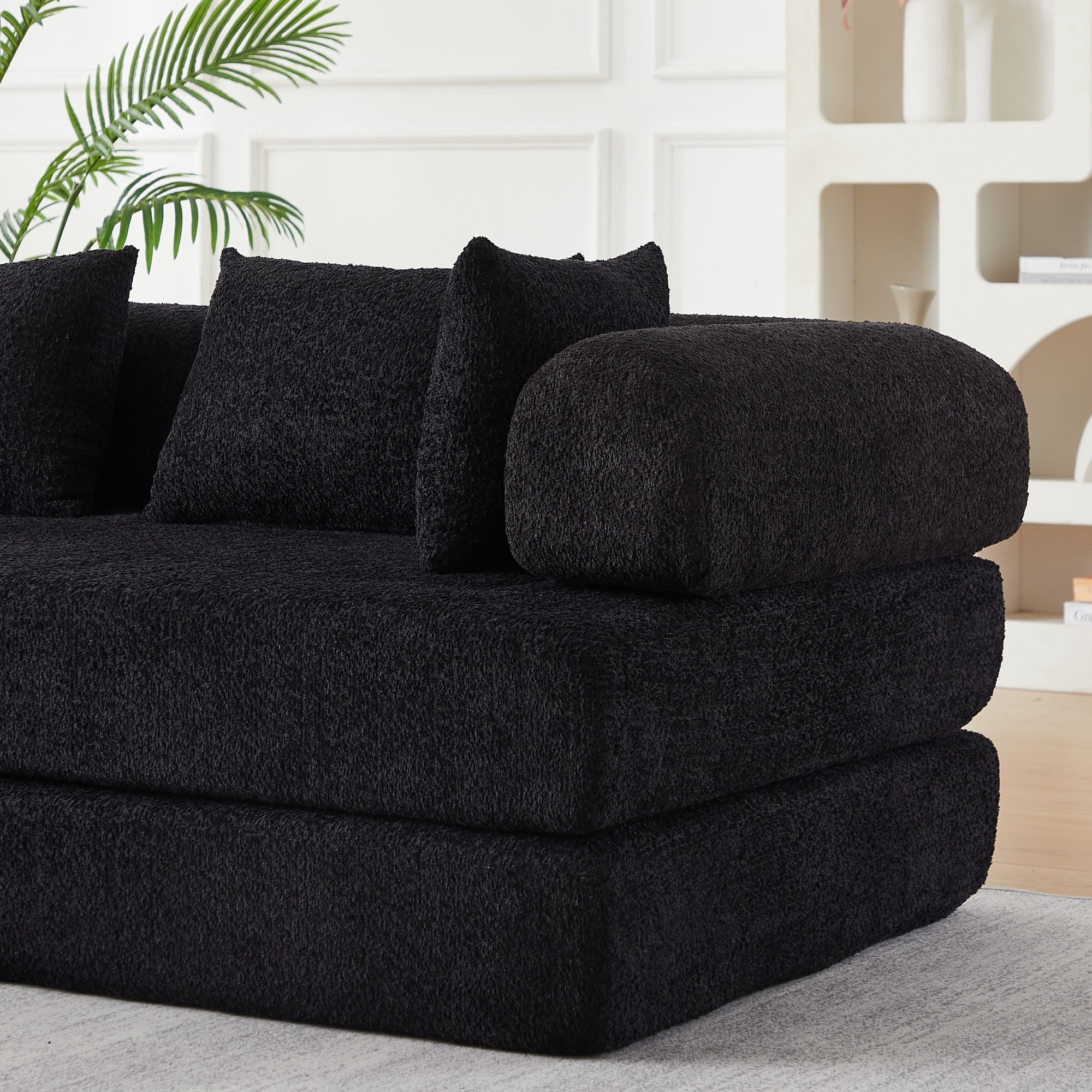 78.9inch Convertible Sleeper Sofa,Chenille Folding Mattress Sofa with DIY Removable Armrests,Floor Standing Lounge Sofa for Living Room Bedroom Small Space,Black