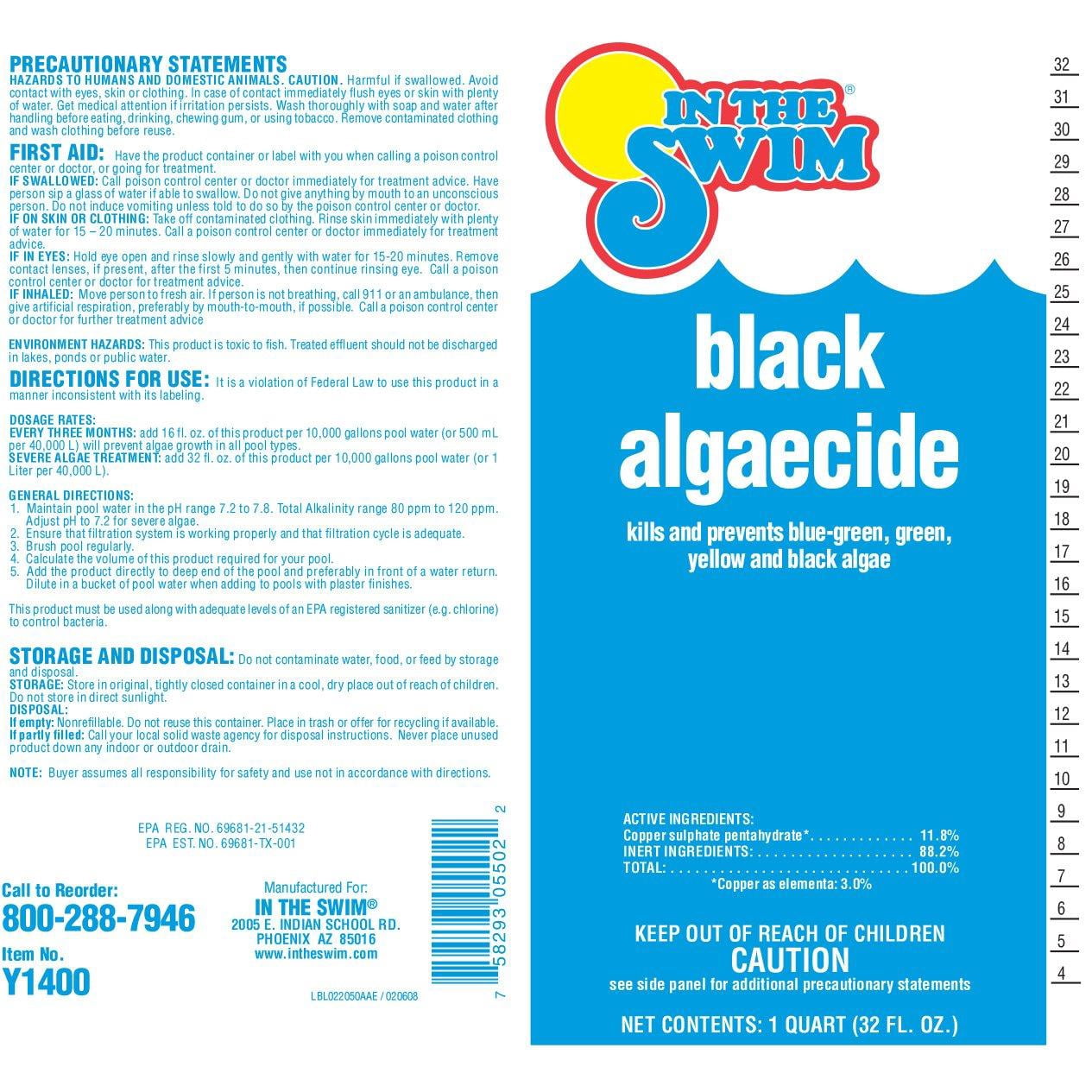 In The Swim Black Algaecide – Eradicates Black Algae in Swimming Pools - Copper Sulfate Pentahydrate - 1 Quart F050001012AE